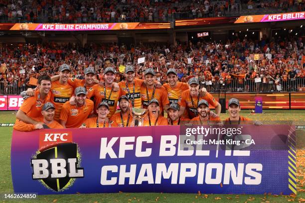 The Scorchers celebrate with the trophy after victory in the Men's Big Bash League Final match between the Perth Scorchers and the Brisbane Heat at...