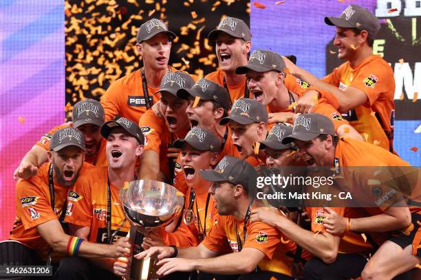 The Scorchers celebrate with the trophy after victory in the Men's Big Bash League Final match between the Perth Scorchers and the Brisbane Heat at...
