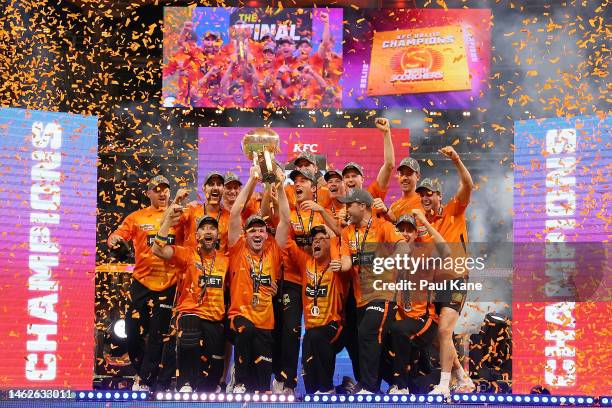 The Scorchers celebrate with the trophy after winning the Men's Big Bash League Final match between the Perth Scorchers and the Brisbane Heat at...