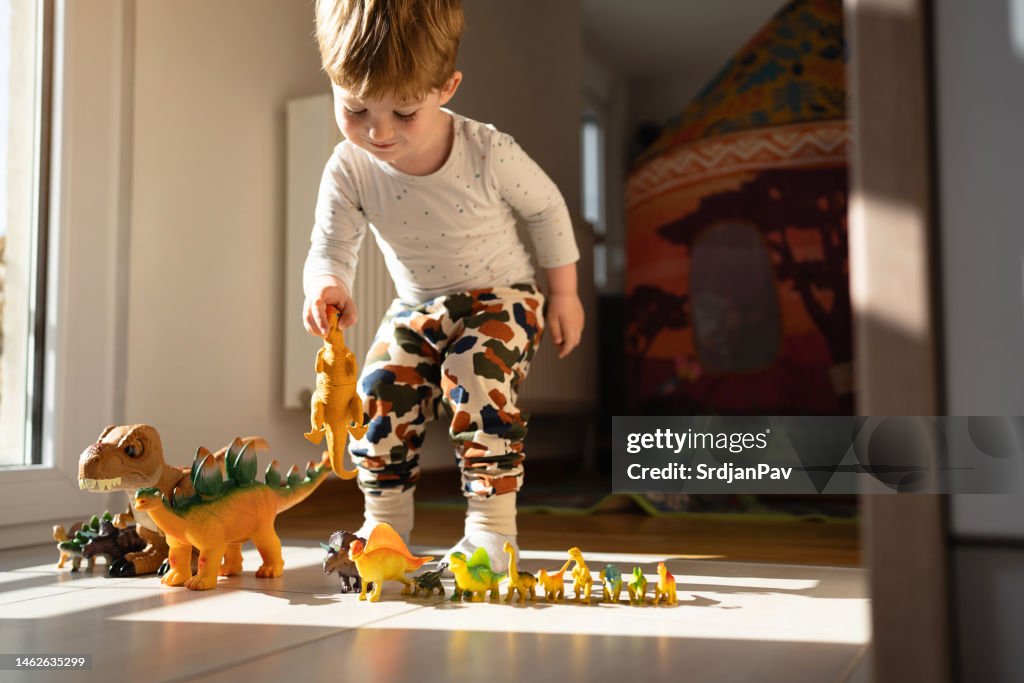 Caucasian toddler boy playing with dinosaur toys