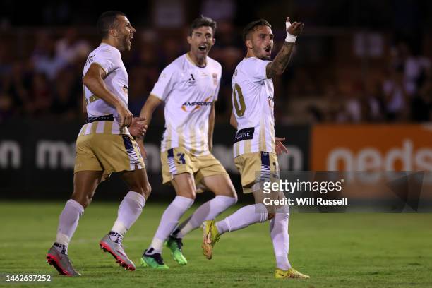 Reno Piscopo of the Jets celebrates after scoring a goal during the round 15 A-League Men's match between Perth Glory and Newcastle Jets at Macedonia...