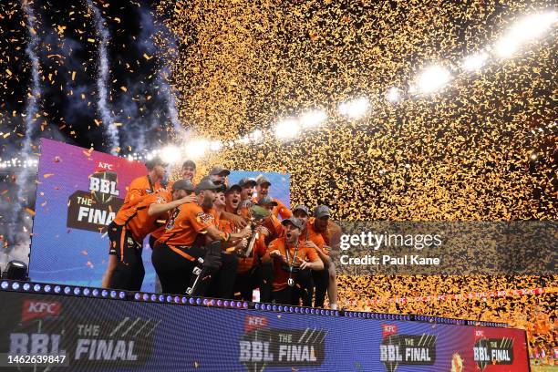 The Scorchers celebrate with the trophy after winning the Men's Big Bash League Final match between the Perth Scorchers and the Brisbane Heat at...