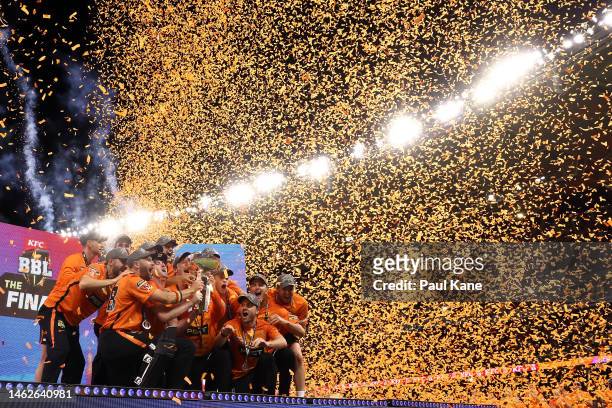 The Scorchers celebrate with the trophy after winning the Men's Big Bash League Final match between the Perth Scorchers and the Brisbane Heat at...