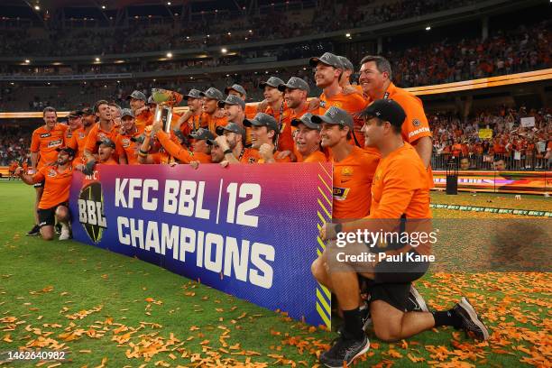 The Scorchers celebrate with the trophy after winning the Men's Big Bash League Final match between the Perth Scorchers and the Brisbane Heat at...