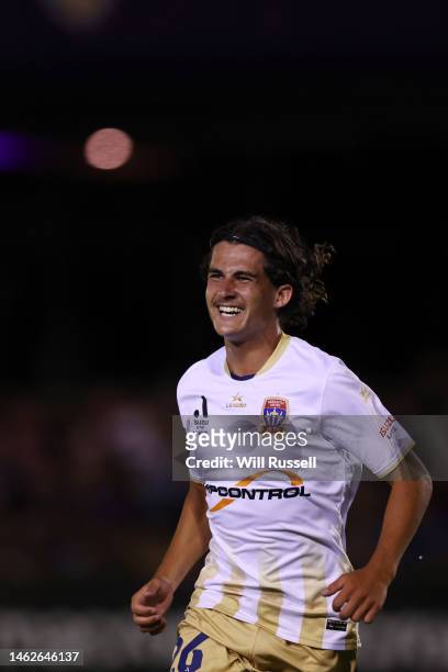 Archie Goodwin of the Jets celebrates after scoring a goal during the round 15 A-League Men's match between Perth Glory and Newcastle Jets at...