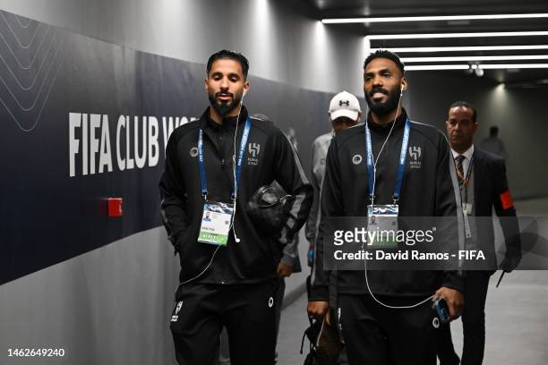 Mohammed Jahfali and Saleh Al-Shehri of Al Hilal arrive at the stadium prior to the FIFA Club World Cup Morocco 2022 2nd Round match between Wydad...