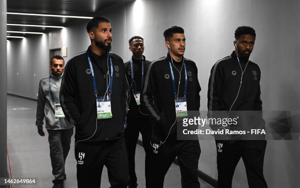 Muteb Al-Mufarrij and Saleh Al-Shehri of Al Hilal arrive at the stadium prior to the FIFA Club World Cup Morocco 2022 2nd Round match between Wydad...