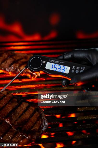 sécurité alimentaire - vérifier la bonne température à l’intérieur d’un steak grillé sur barbecue - thermomètre à affichage digital photos et images de collection