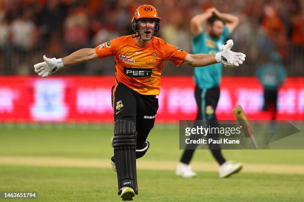 Nick Hobson of the Scorchers celebrates after hitting the winning runs during the Men's Big Bash League Final match between the Perth Scorchers and...