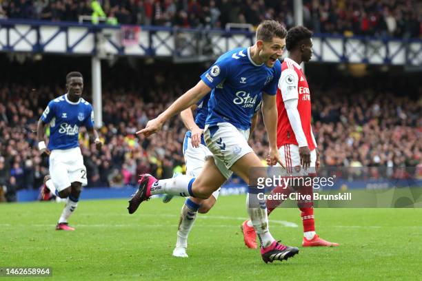 James Tarkowski of Everton celebrates after scoring the team's first goal during the Premier League match between Everton FC and Arsenal FC at...