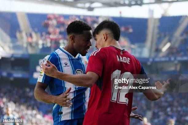 Pierre Gabriel of RCD Espanyol clashes with Abde Ezzalzouli of CA Osasuna leading to both players receiving a red card during the LaLiga Santander...