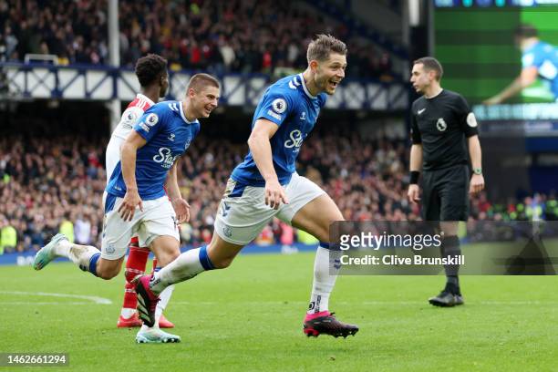 James Tarkowski of Everton celebrates after scoring their team's first goal during the Premier League match between Everton FC and Arsenal FC at...