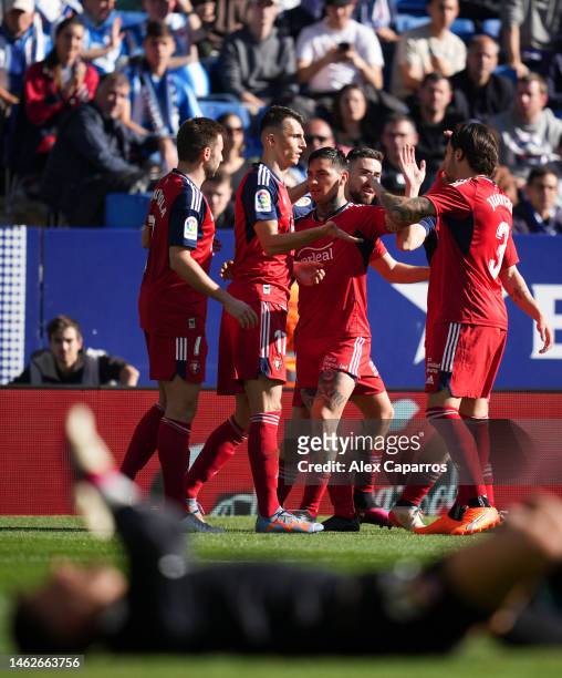 Ante Budimir of CA Osasuna celebrates with team mates after scoring their sides first goal during the LaLiga Santander match between RCD Espanyol and...