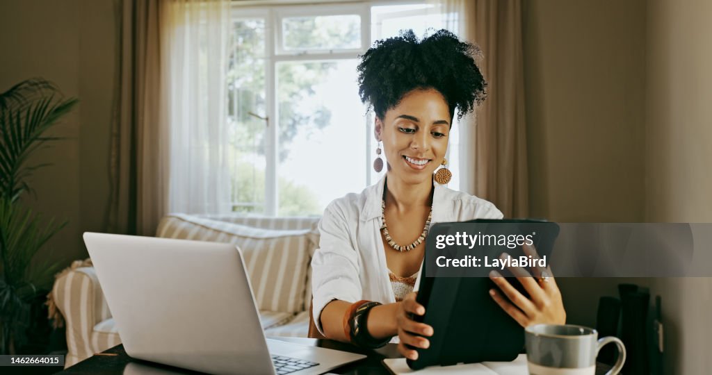 Website, planning and woman with a tablet for a search, communication and research for work. Happy, analytics and social media manager reading information, feedback and email on technology from home