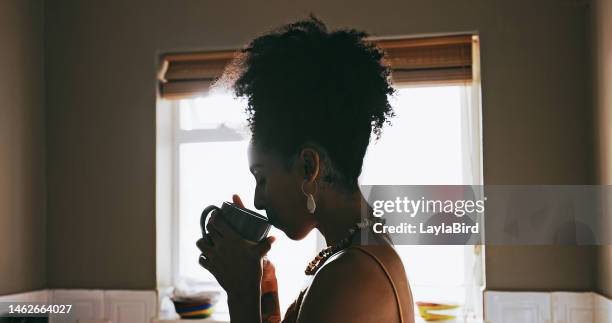 coffee, thinking and black woman relax in kitchen for calm, peaceful and happiness in morning. reflection, happy mindset and girl drinking hot beverage or tea for wellness, mindfulness and motivation - caffeine molecule stock pictures, royalty-free photos & images