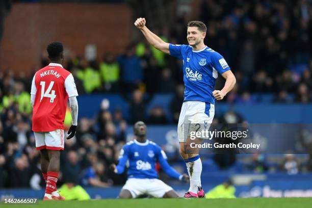 James Tarkowski of Everton celebrates victory after the Premier League match between Everton FC and Arsenal FC at Goodison Park on February 04, 2023...