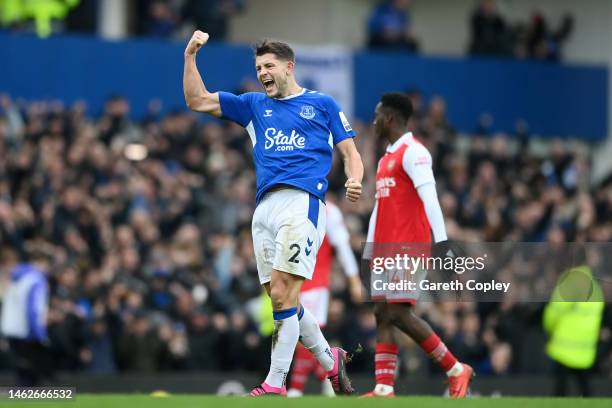 James Tarkowski of Everton celebrates victory after the Premier League match between Everton FC and Arsenal FC at Goodison Park on February 04, 2023...