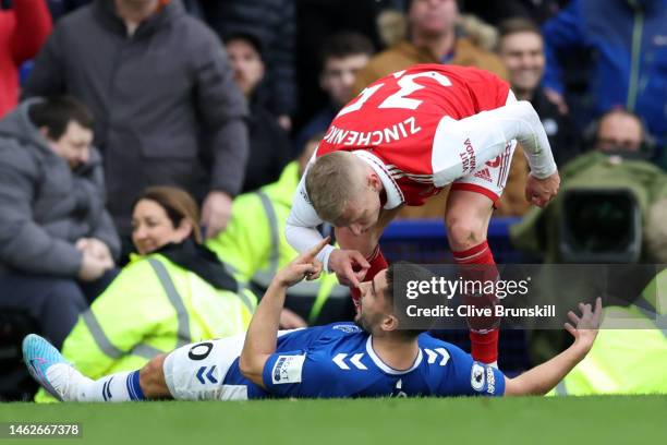 Oleksandr Zinchenko of Arsenal reacts towards Neal Maupay of Everton during the Premier League match between Everton FC and Arsenal FC at Goodison...