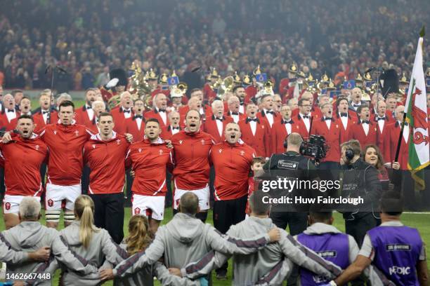 The Welsh rugby team sings their national anthem ahead of the Six Nations Rugby match between Wales and Ireland at Principality Stadium on February...