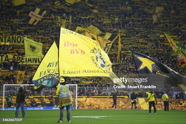 General view inside the stadium as fans wave flags prior to the Bundesliga match between Borussia Dortmund and Sport-Club Freiburg at Signal Iduna...