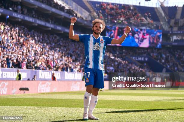 Martin Braithwaite of RCD Espanyol celebrates after scoring his team's first goal during the LaLiga Santander match between RCD Espanyol and CA...