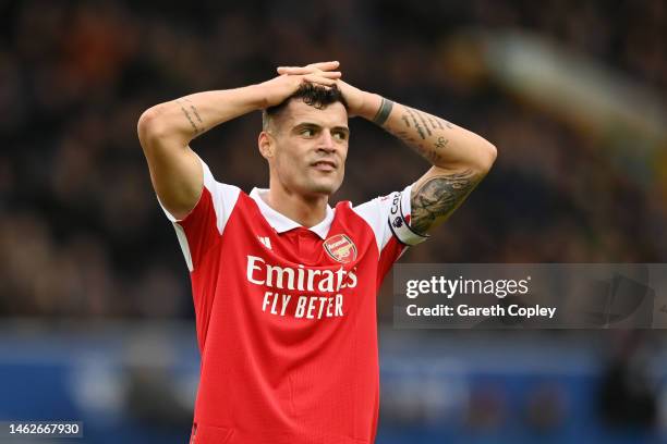 Granit Xhaka of Arsenal reacts following their sides defeat after the Premier League match between Everton FC and Arsenal FC at Goodison Park on...