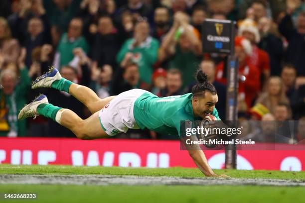 James Lowe of Ireland dives over the line to score their side's third try during the Six Nations Rugby match between Wales and Ireland at...