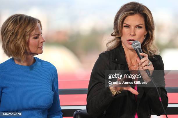 Sports NASCAR reporter Jamie Little speaks as host Shannon Spake looks on during the Fox Sports NASCAR Press Conference at Los Angeles Coliseum on...