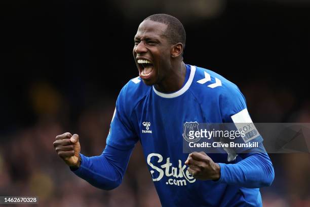 Abdoulaye Doucoure of Everton celebrates following their sides victory after the Premier League match between Everton FC and Arsenal FC at Goodison...