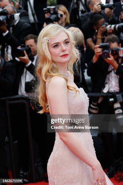 Elle Fanning attends the screening of "Top Gun: Maverick" during the 75th annual Cannes film festival at Palais des Festivals on May 18, 2022 in...