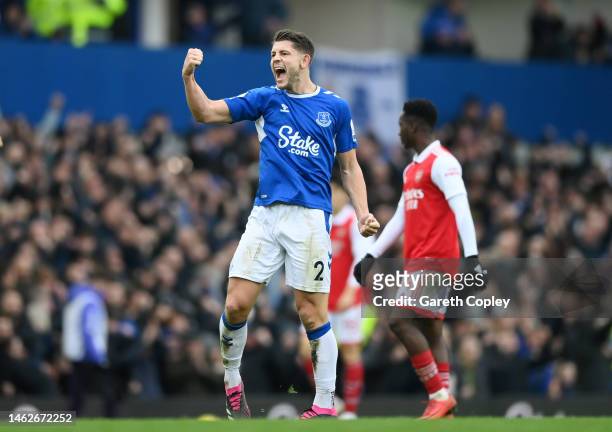 James Tarkowski of Everton celebrates victory after the Premier League match between Everton FC and Arsenal FC at Goodison Park on February 04, 2023...