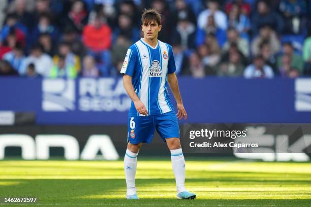 Denis Suarez of RCD Espanyol looks on during the LaLiga Santander match between RCD Espanyol and CA Osasuna at RCDE Stadium on February 04, 2023 in...