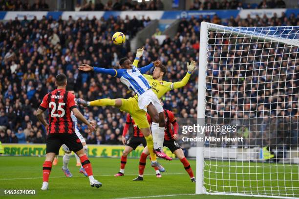 Danny Welbeck of Brighton & Hove Albion clashes with Neto of AFC Bournemouth during the Premier League match between Brighton & Hove Albion and AFC...