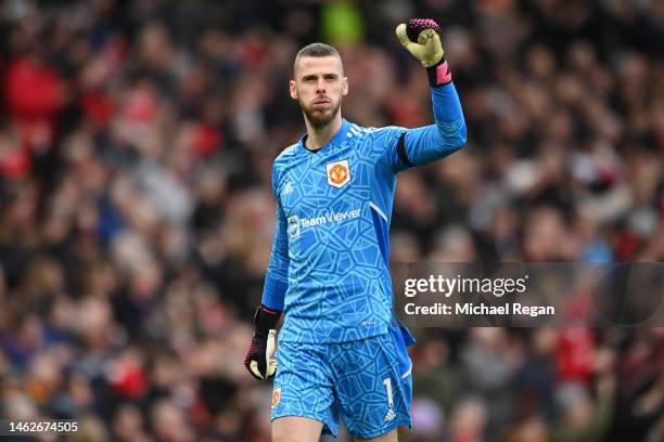 David De Gea of Manchester United celebrates after Bruno Fernandes of Manchester United scores their sides first goal during the Premier League match...