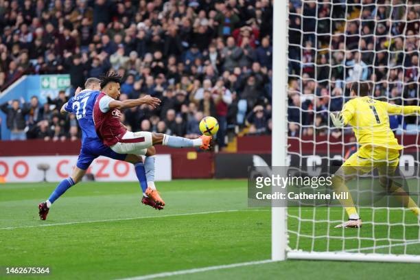 Ollie Watkins of Aston Villa scores their sides first goal during the Premier League match between Aston Villa and Leicester City at Villa Park on...