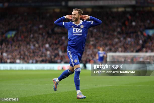 James Maddison of Leicester City celebrates after scoring their sides first goal during the Premier League match between Aston Villa and Leicester...