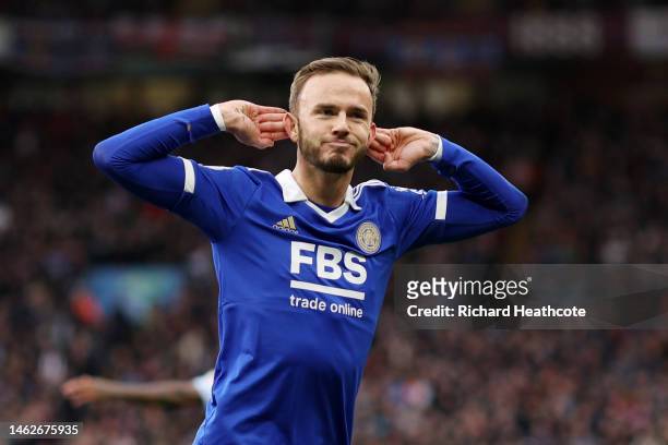 James Maddison of Leicester City celebrates after scoring their sides first goal during the Premier League match between Aston Villa and Leicester...