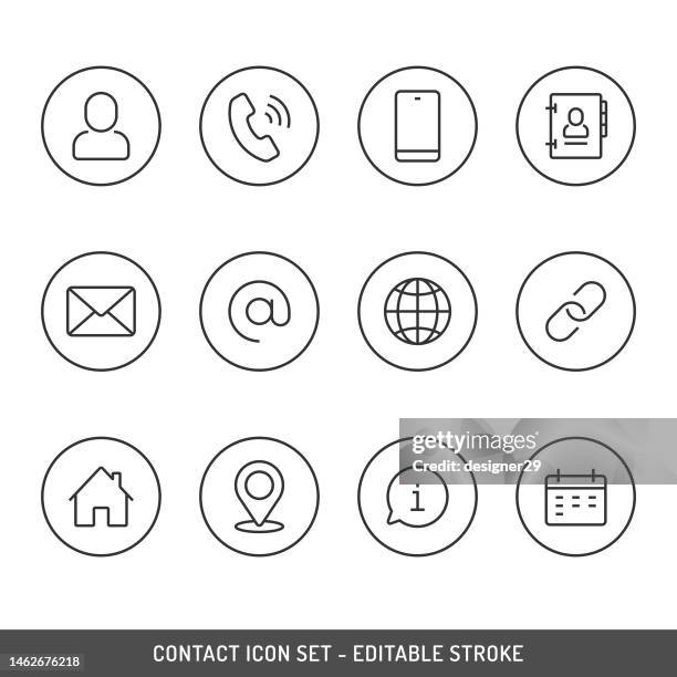 contact icon set editable stroke vector design on white background. name, phone, mobile phone, telephone book, message, mail, website, link, address, location, info and calendar icon set. - business-card-icons stock illustrations