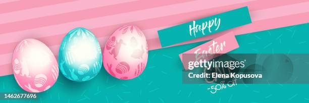 multi-colored easter eggs with a rabbit ornament on a colorful abstract color background with discounts. creative banner or poster in realistic style. - multi faith stock illustrations
