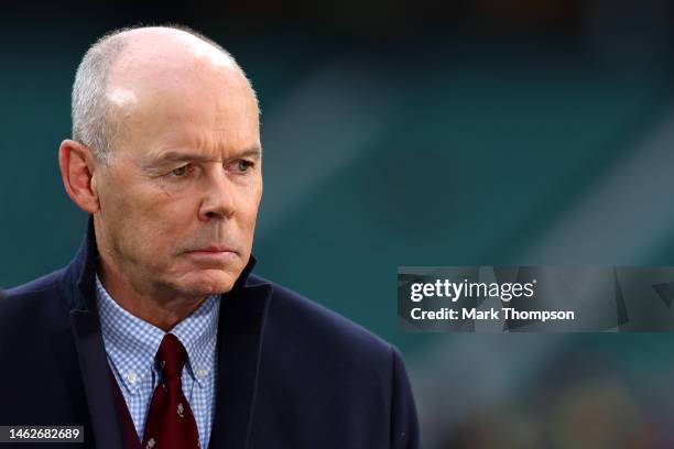 Sir Clive Woodward, former England manager looks on prior to the Six Nations Rugby match between England and Scotland at Twickenham Stadium on...