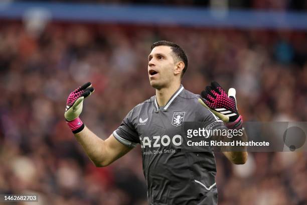Emiliano Martinez of Aston Villa celebrates their sides second goal during the Premier League match between Aston Villa and Leicester City at Villa...