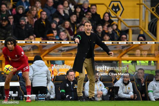 Julen Lopetegui, Manager of Wolverhampton Wanderers, reacts during the Premier League match between Wolverhampton Wanderers and Liverpool FC at...