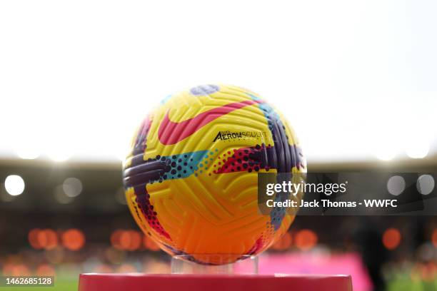 Detailed view of the Winter Nike Aerowsculpt match ball is seen prior to the Premier League match between Wolverhampton Wanderers and Liverpool FC at...
