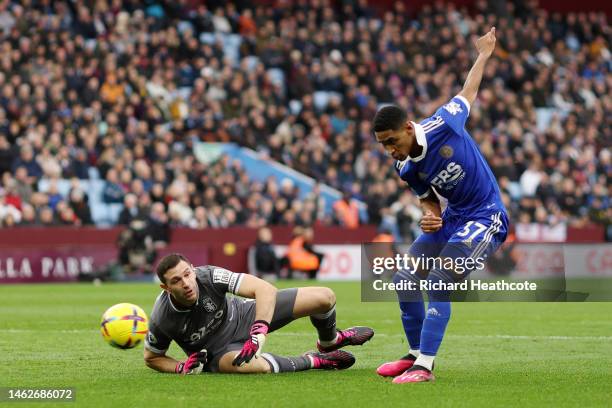 Tete of Leicester City scores their sides third goal past Emiliano Martinez of Aston Villa during the Premier League match between Aston Villa and...