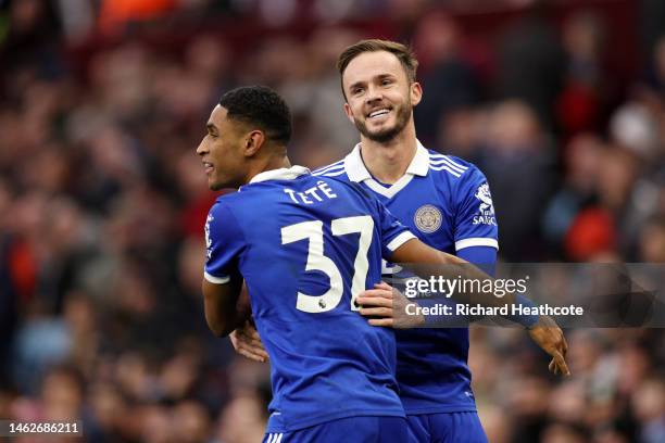 Tete of Leicester City celebrates with team mate James Maddison after scoring their sides third goal during the Premier League match between Aston...