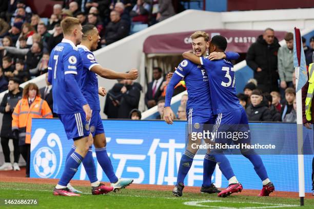 Tete of Leicester City celebrates with team mates after scoring their sides third goal during the Premier League match between Aston Villa and...