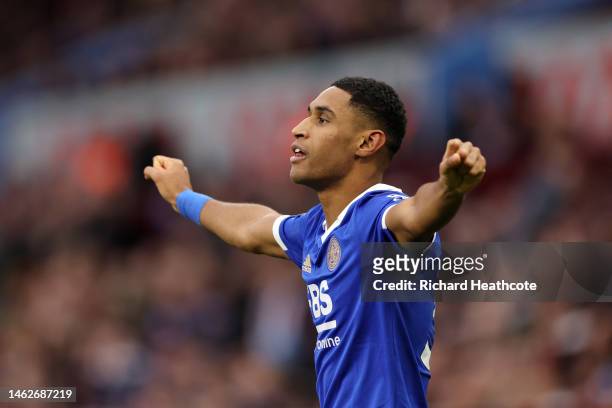 Tete of Leicester City celebrates after scoring their sides third goal during the Premier League match between Aston Villa and Leicester City at...