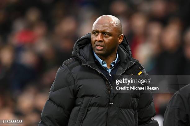 Patrick Vieira, Manager of Crystal Palace, looks on during the Premier League match between Manchester United and Crystal Palace at Old Trafford on...