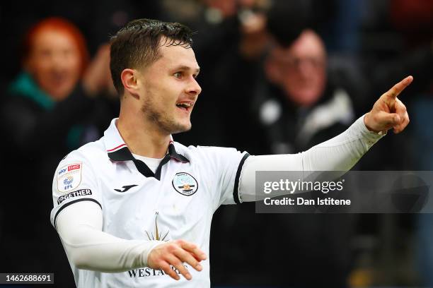 Liam Cullen of Swansea celebrates after scoring his team's second goal during the Sky Bet Championship between Swansea City and Birmingham City at...