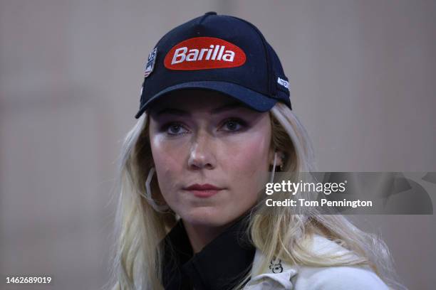 Mikaela Shiffrin of Team United States talks with members of the media during a press conference prior to the start of the FIS Alpine World Ski...